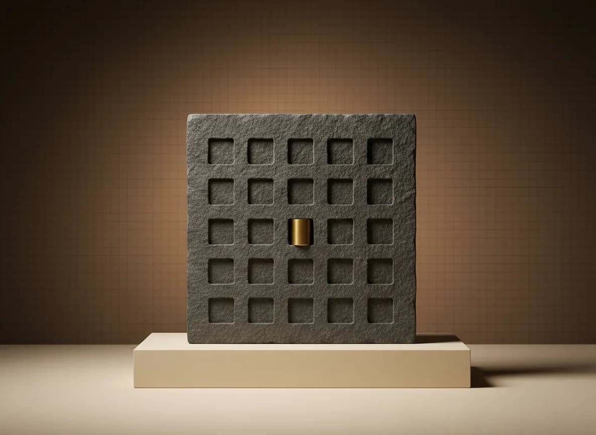 An upright slab of rough grey stone on a cream plinth, its face carved into a grid of small square recesses, all empty except one holding a short brass cylinder