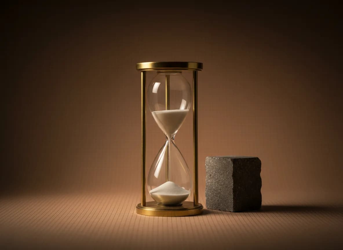 A slim hourglass with a polished brass frame and cream sand partly run through, standing beside a small block of rough grey stone