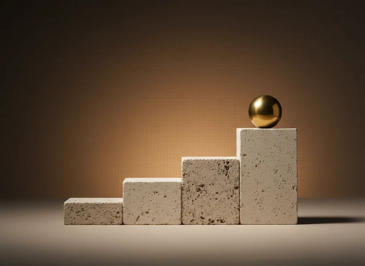 Four cream stone blocks rising from left to right like a short staircase, with a polished brass sphere resting on top of the tallest block
