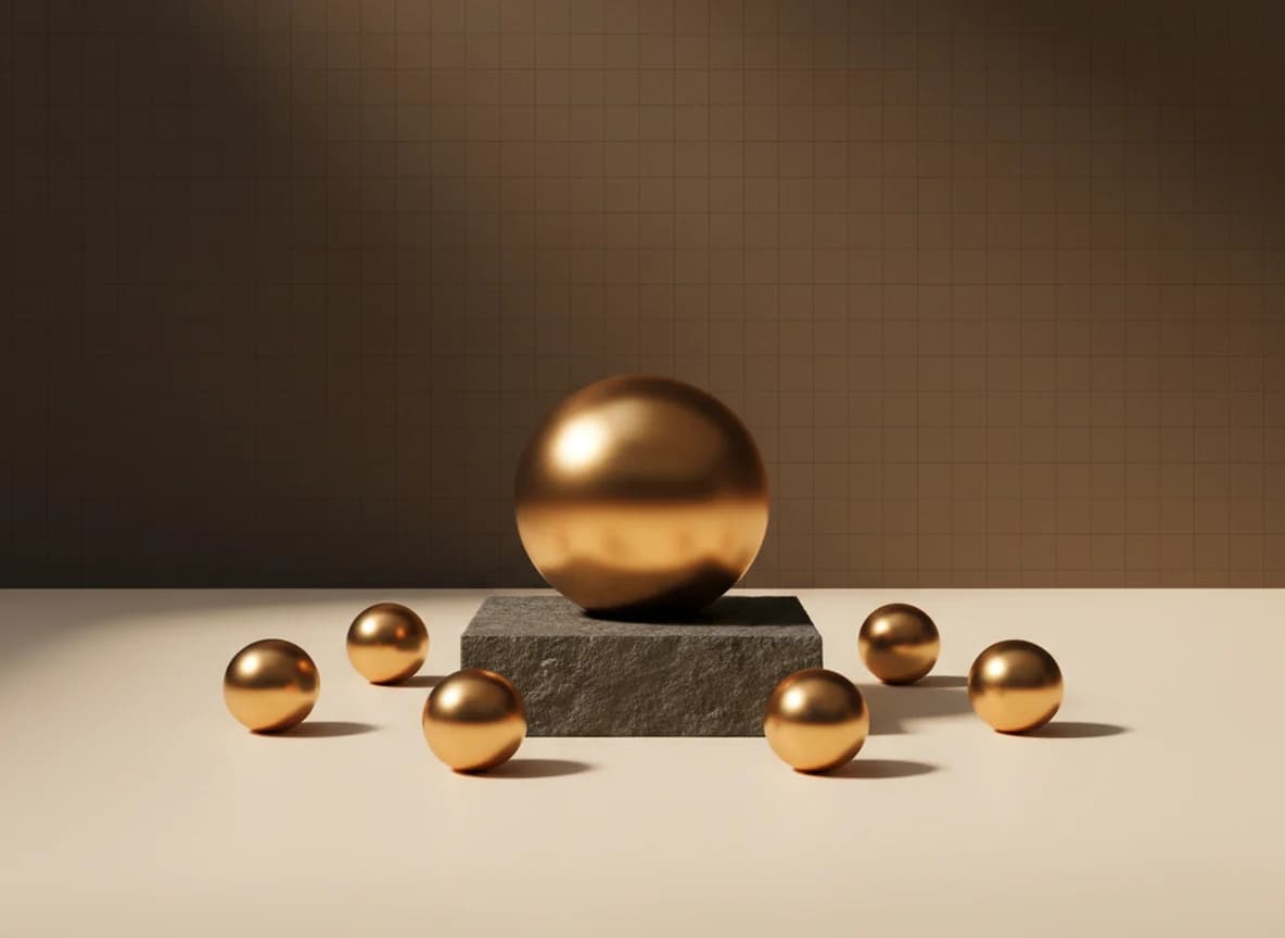 One large gold sphere raised on a stone plinth with six smaller gold spheres arranged around it on the floor