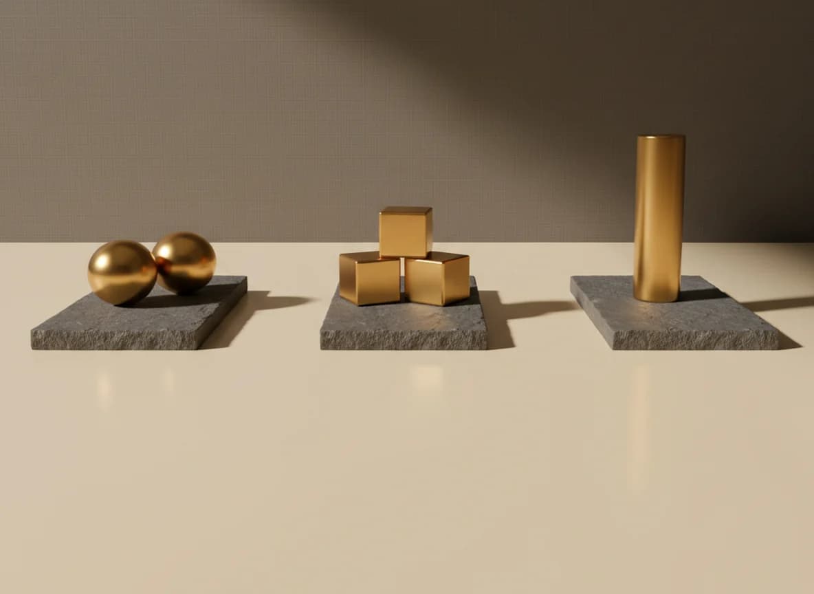 Three separate stone slabs on a cream floor, each holding a different arrangement of gold shapes