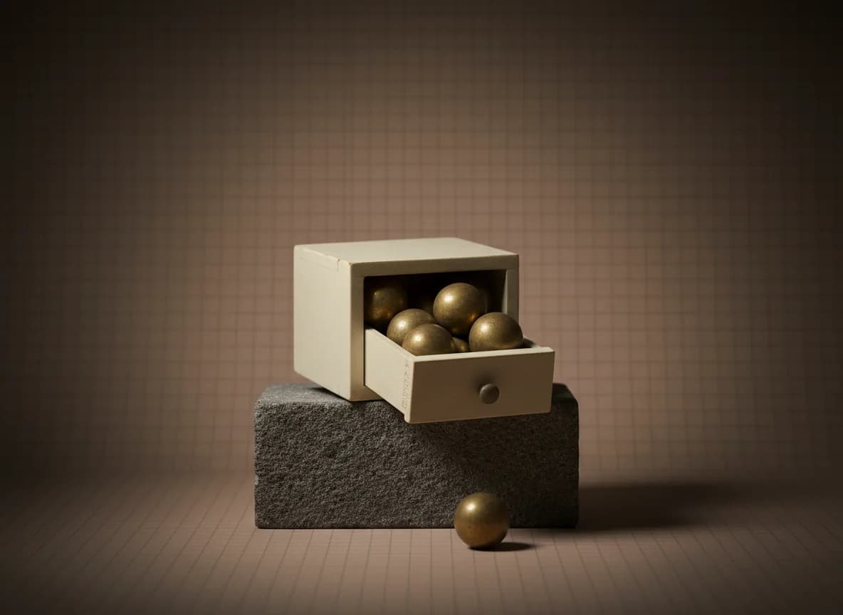 A small open cream drawer on a rough grey stone block, full of dull brass spheres, with one sphere rolled out onto the floor in front