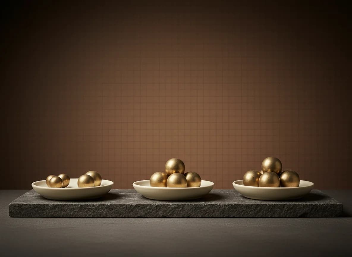 Three low cream trays in a row on a dark stone slab, each holding its own small cluster of brass spheres
