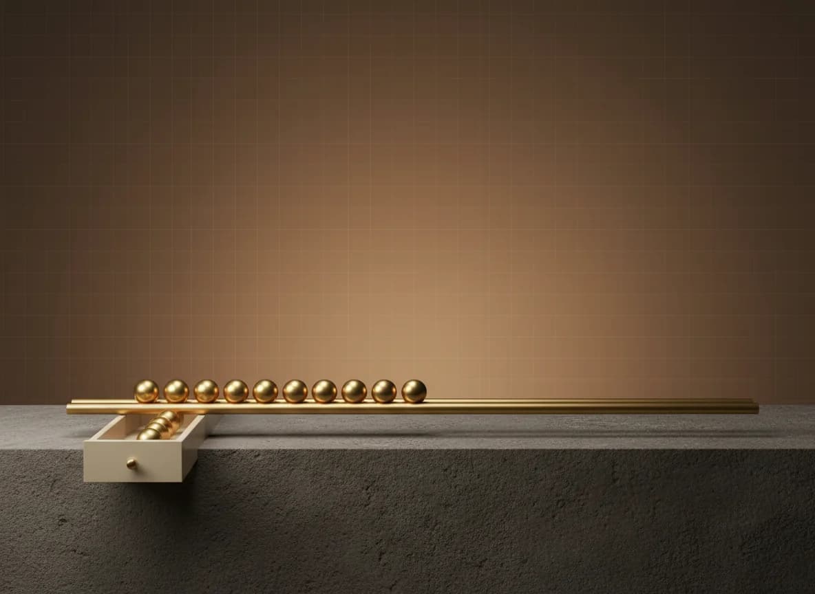 A long polished brass rail across a dark stone plinth, with brass spheres rolling out of an open cream drawer back onto the rail