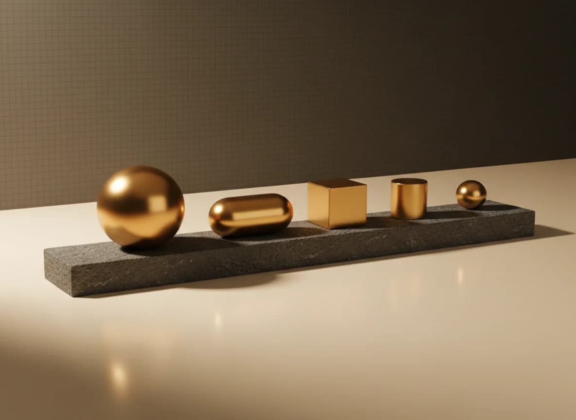 Five gold shapes of decreasing size set in a line along one long rough stone bar