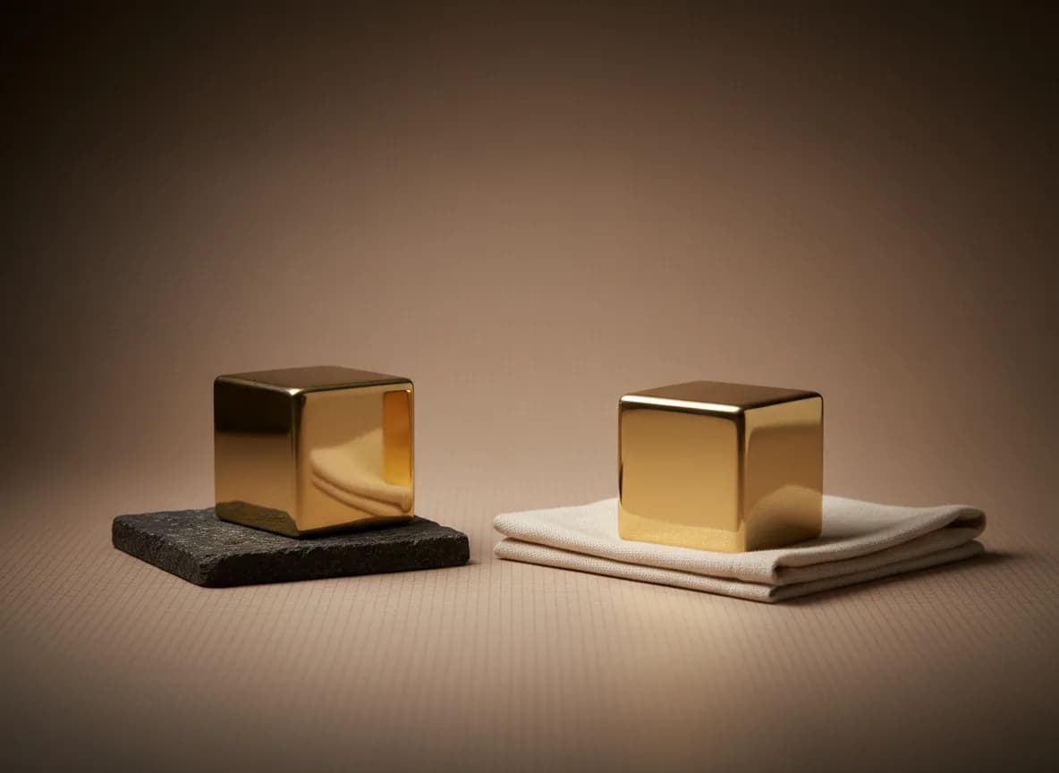 Two identical polished brass cubes side by side, one resting on a rough dark stone slab and the other on a folded cream cloth