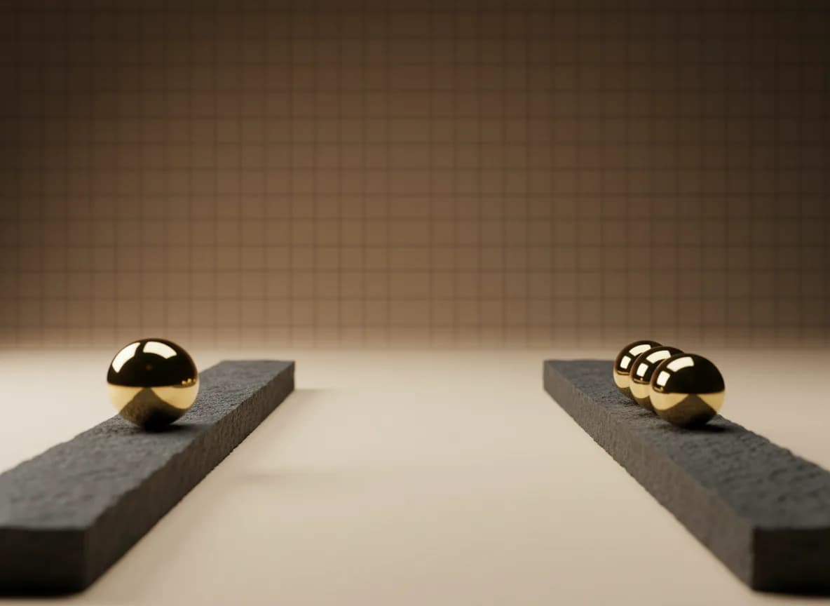 Two long parallel bars of rough dark stone on a cream floor, one holding a single polished brass sphere and the other holding three brass spheres in a line