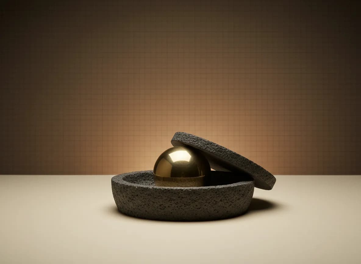 A single polished brass sphere inside a rough stone bowl with a flat stone lid resting half across the top, leaving the sphere half in shadow