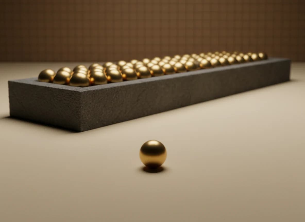 One brass sphere alone on a cream floor in front of a long stone trough packed with hundreds of identical spheres receding out of focus