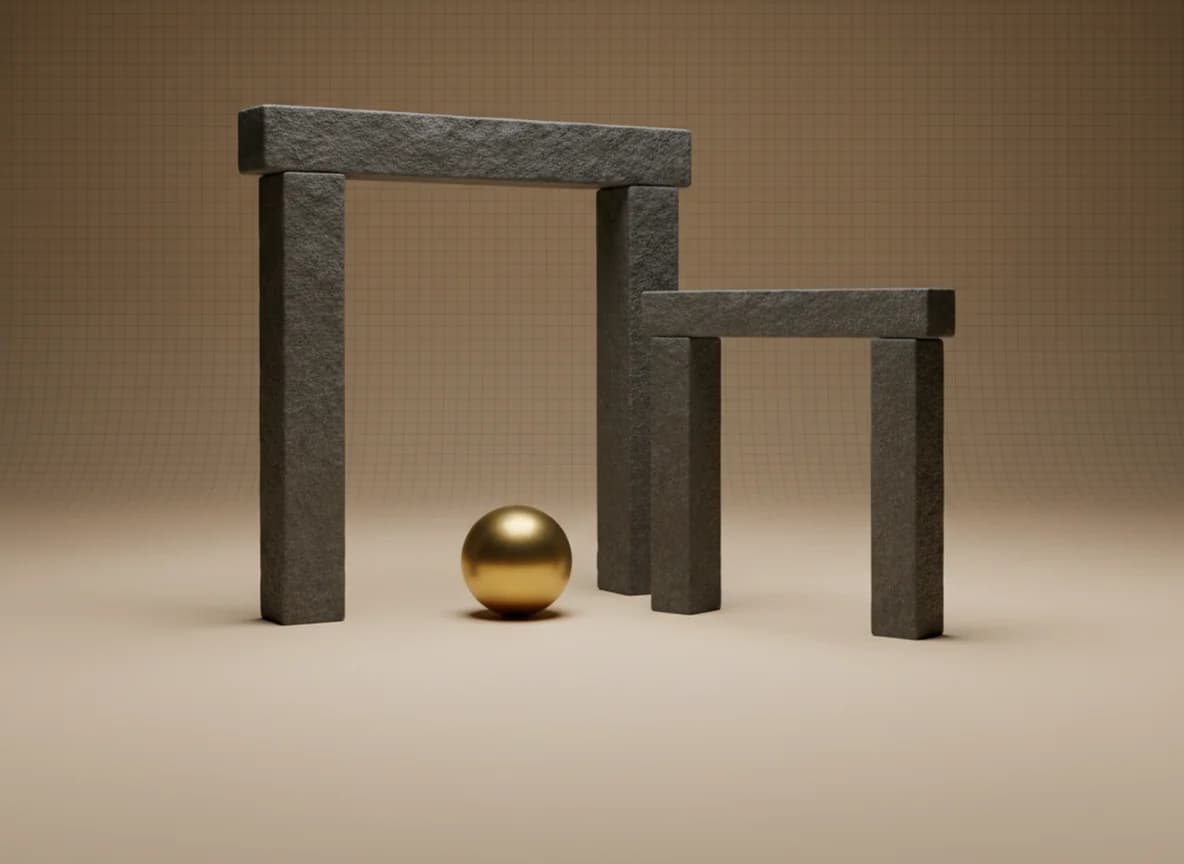 A brass sphere resting between two rough stone gateways, the one behind it wide enough to have let it through and the one in front too narrow