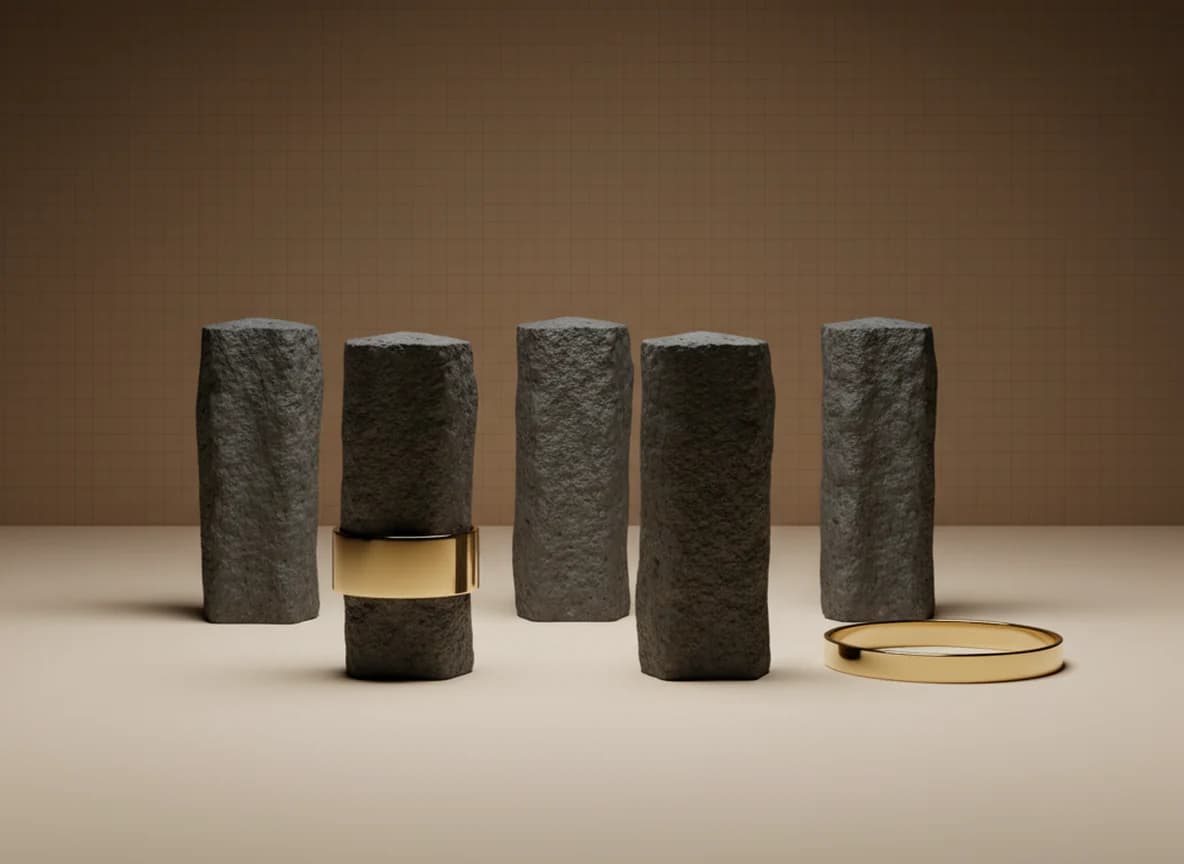 A brass ring seated snugly around the base of one rough stone post, four bare stone posts standing apart and a second ring lying loose on the floor beside one of them