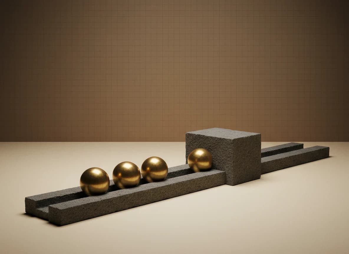 Three brass spheres in a stone channel stopped against a stone block set across it, with the channel beyond the block empty