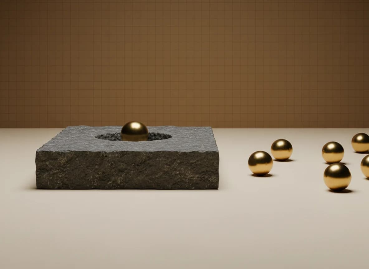 One brass sphere set into a hollow in a stone slab while five identical spheres roll away across a cream floor