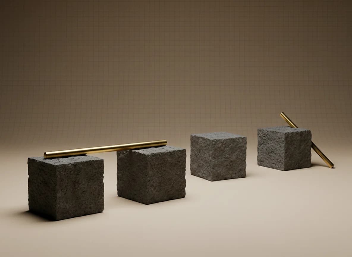 Three pairs of stone blocks, the nearest bridged by a brass rod, the furthest pair too far apart for the rod lying beside it