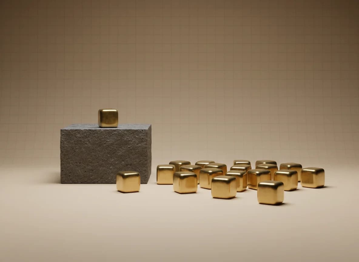 One brass cube raised on a stone plinth with two dozen identical brass cubes scattered loosely across the floor in front of it