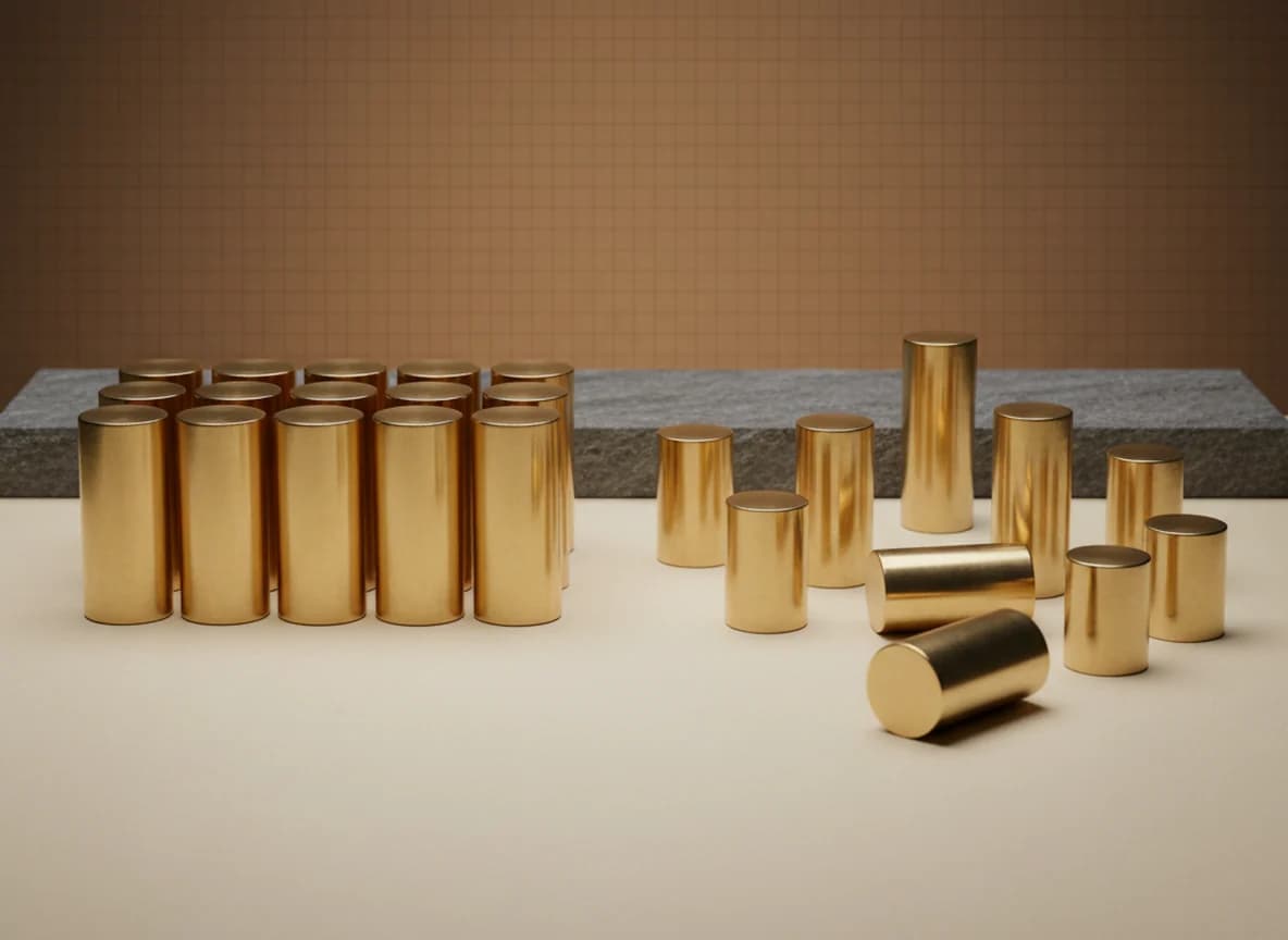 Nine identical brass cylinders standing level in a tight group beside nine cylinders of mixed heights scattered loosely across the floor