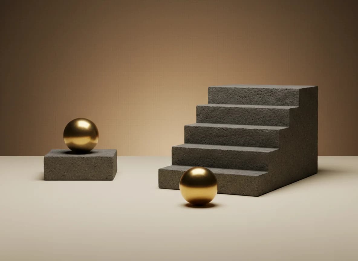 Two identical brass spheres, one already resting on a low plinth and one sitting on the floor at the bottom of a stone staircase of the same height