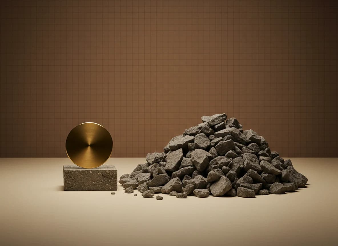 A small bright brass disc on a stone plinth beside a much larger heap of rough grey stone chips