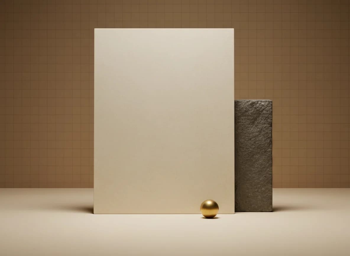 A blank upright cream stone slab propped against a grey stone block with one small brass sphere lying on the floor at its foot