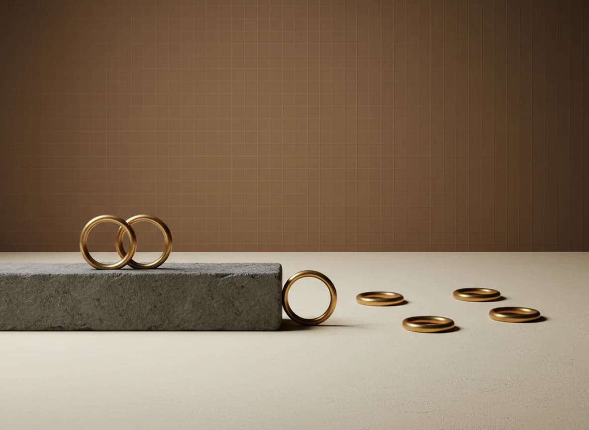 Two interlocked brass rings standing on a stone rail with four more rings lying scattered and unconnected on the floor beyond