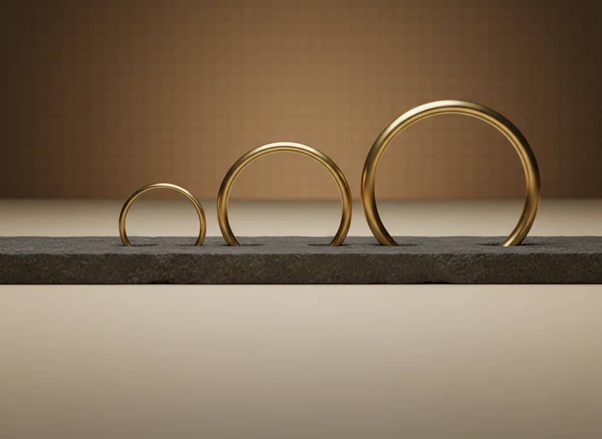 Three brass rings of increasing size standing on edge in a stone channel, each rim touching the next