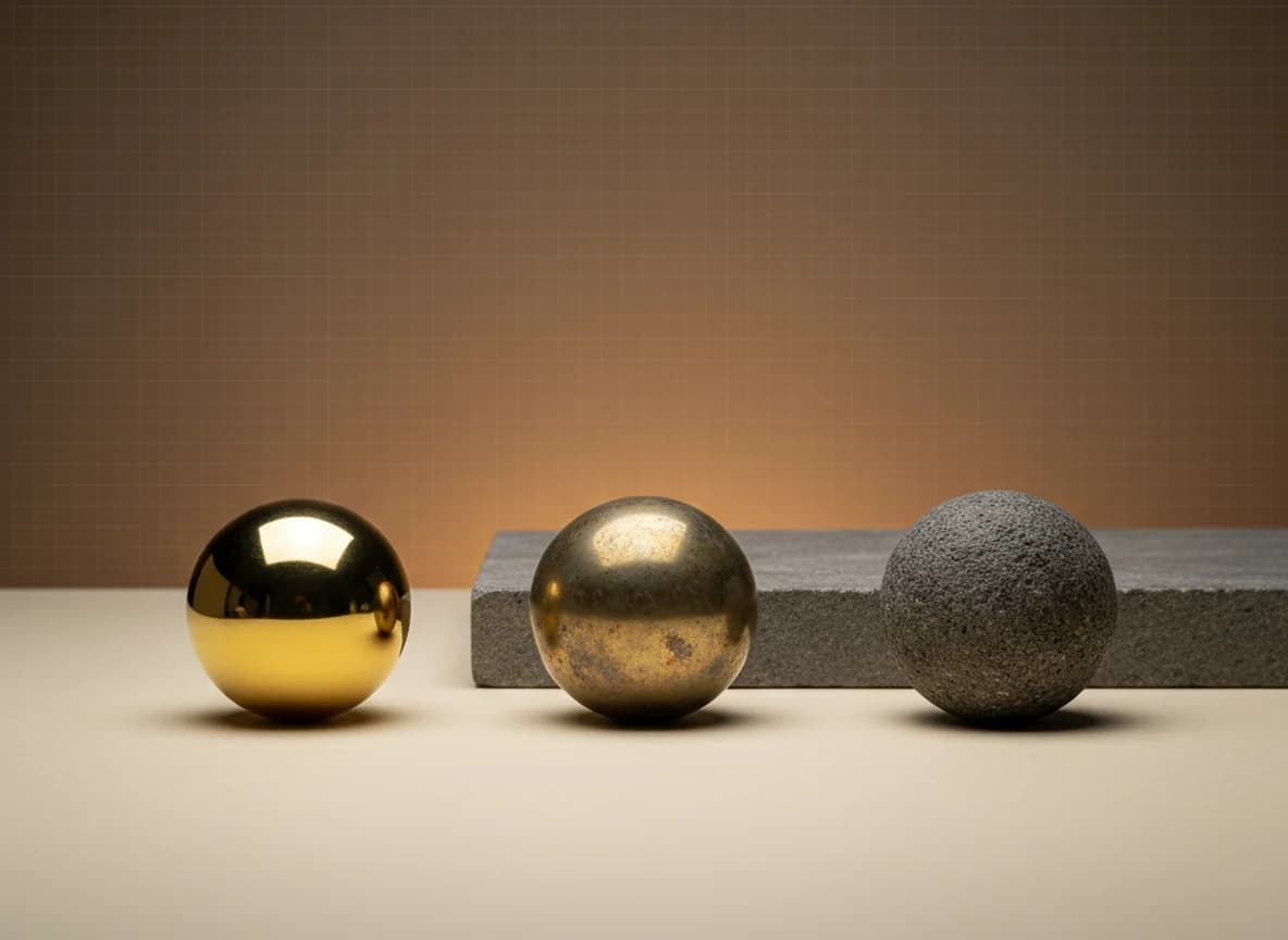 Three spheres in a loose arc on a cream floor: one bright brass, one dulled brass and one rough grey stone
