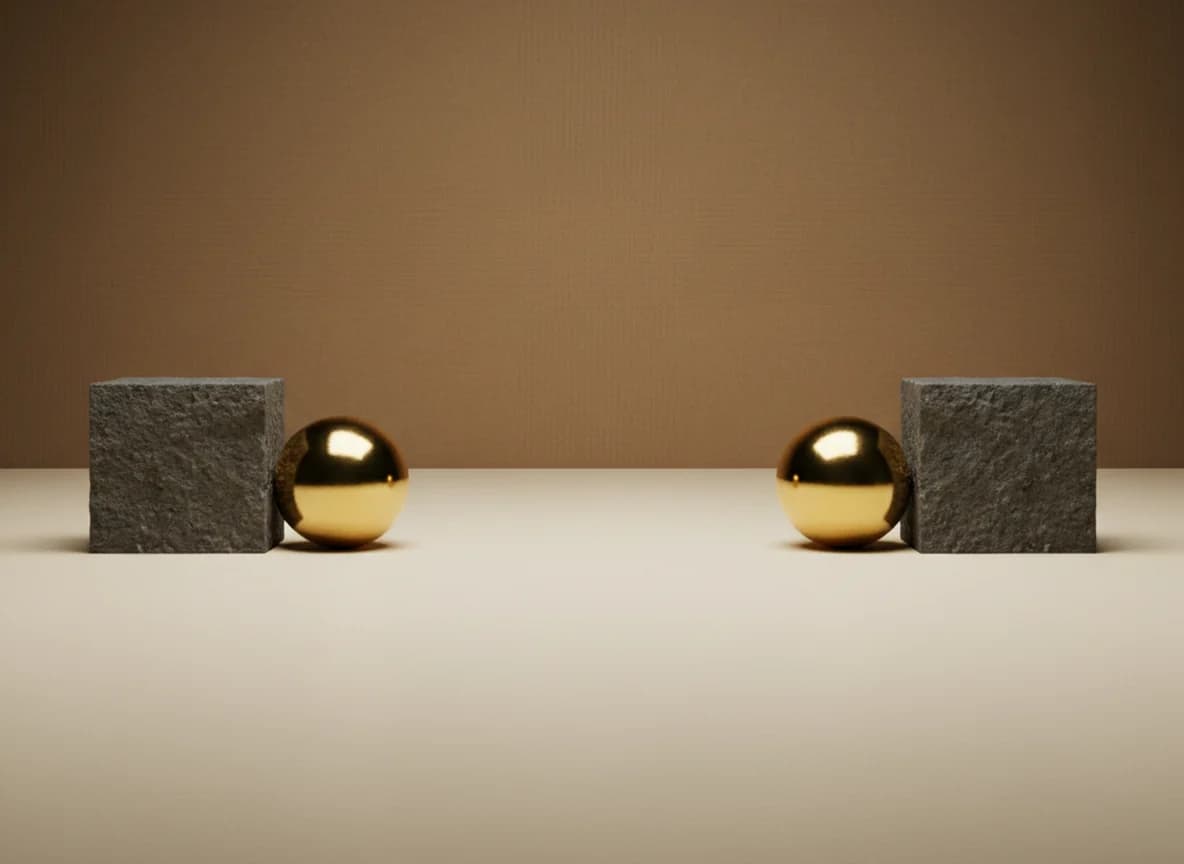 Two identical stone cubes on a cream floor, one with a brass sphere touching it and the other with its sphere resting far away across open floor