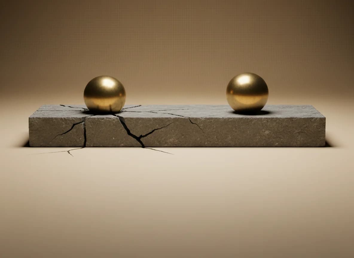 Two identical brass spheres on one dark stone slab, the left one sunk in and surrounding the stone with cracks, the right one resting lightly on unbroken stone