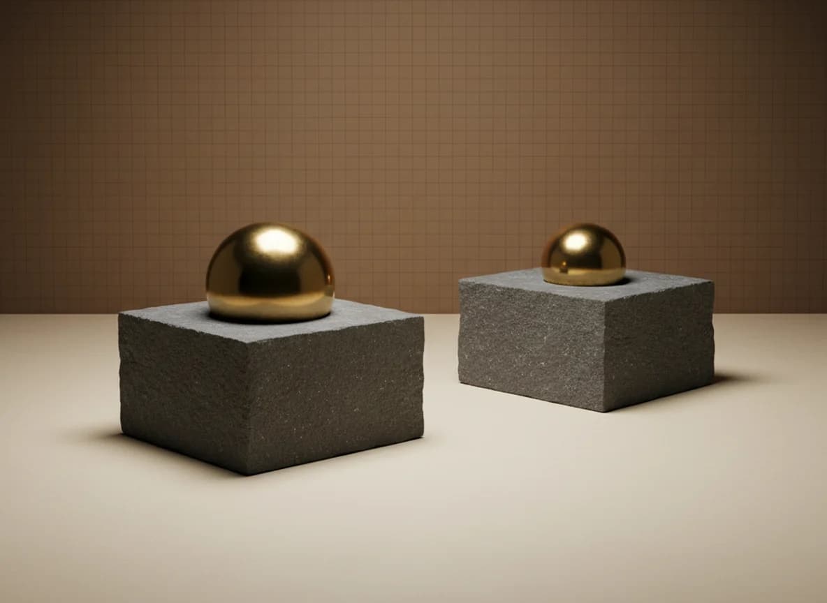 A large brass sphere and a small brass sphere each seated snugly in a hollow carved into its own rough stone block