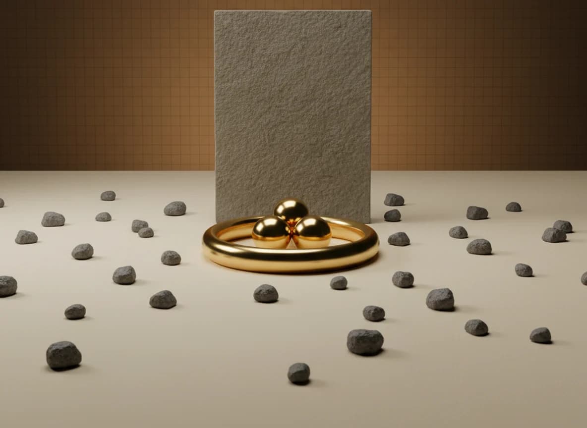 A brass ring lying flat on a cream floor with three brass spheres inside it and dozens of small grey stone pebbles scattered outside it