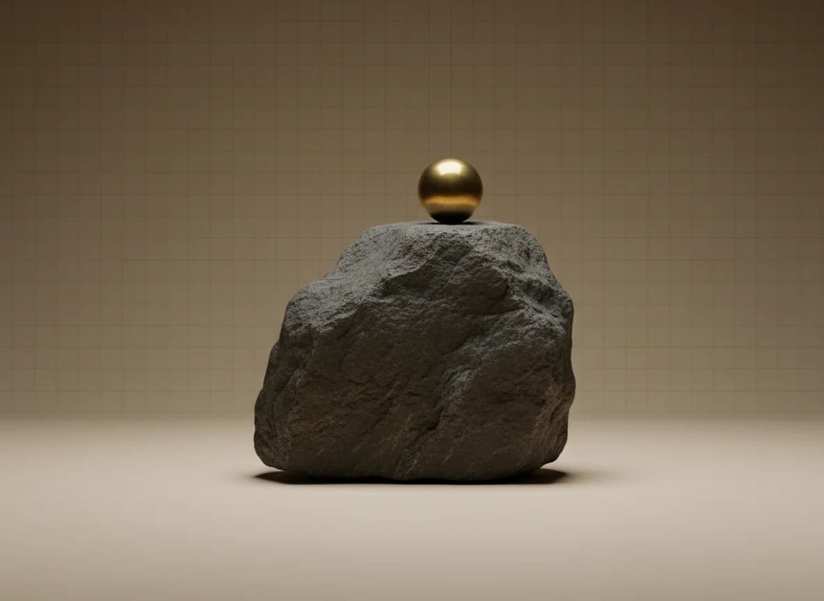 A small polished brass sphere balanced on top of a large rough grey stone boulder on a cream floor