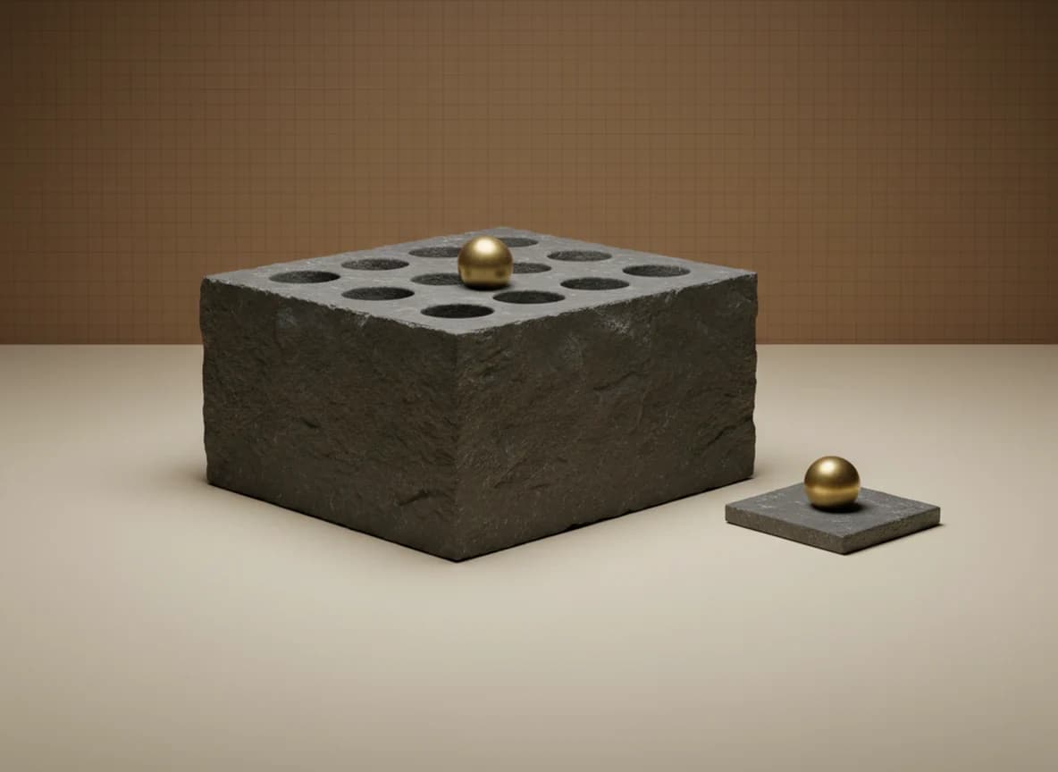 A large stone block carved with a dozen empty sockets and one brass sphere seated near its corner, beside a small flat stone tile carrying a single brass sphere