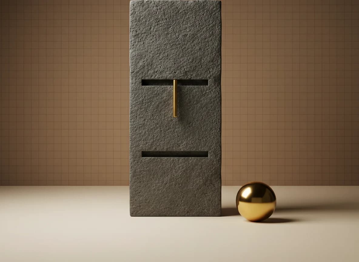 A tall stone block cut with three drawer-like recesses, a short brass rod standing up from the middle one and a brass sphere resting apart on the floor