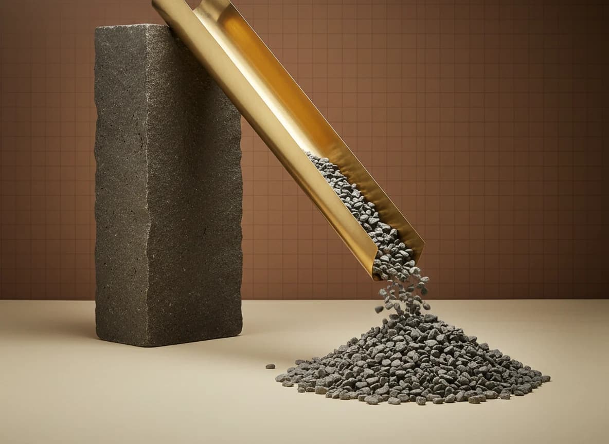 A stream of grey stone pebbles pouring down a steep brass chute from a stone block into a heap on the floor