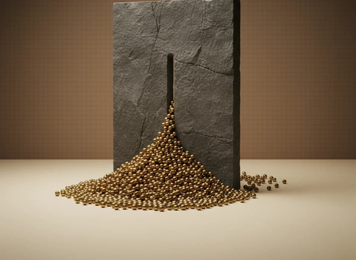 A dark stone plate with a narrow slot cut through it, a heavy drift of brass beads piled against the near side and a few beads resting in open floor beyond