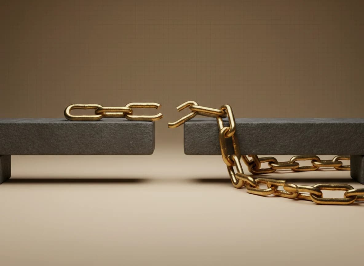 A brass chain on a dark stone rail with one link sprung open, the shorter half ending at the break and the longer half running on far past it