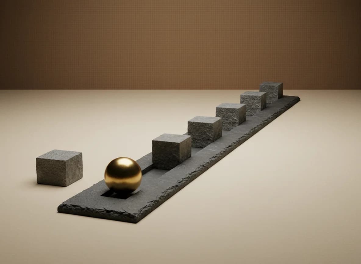 A stone channel with several small stone blocks set along it, one block lifted out and placed on the floor beside the slab and a brass sphere waiting at the mouth