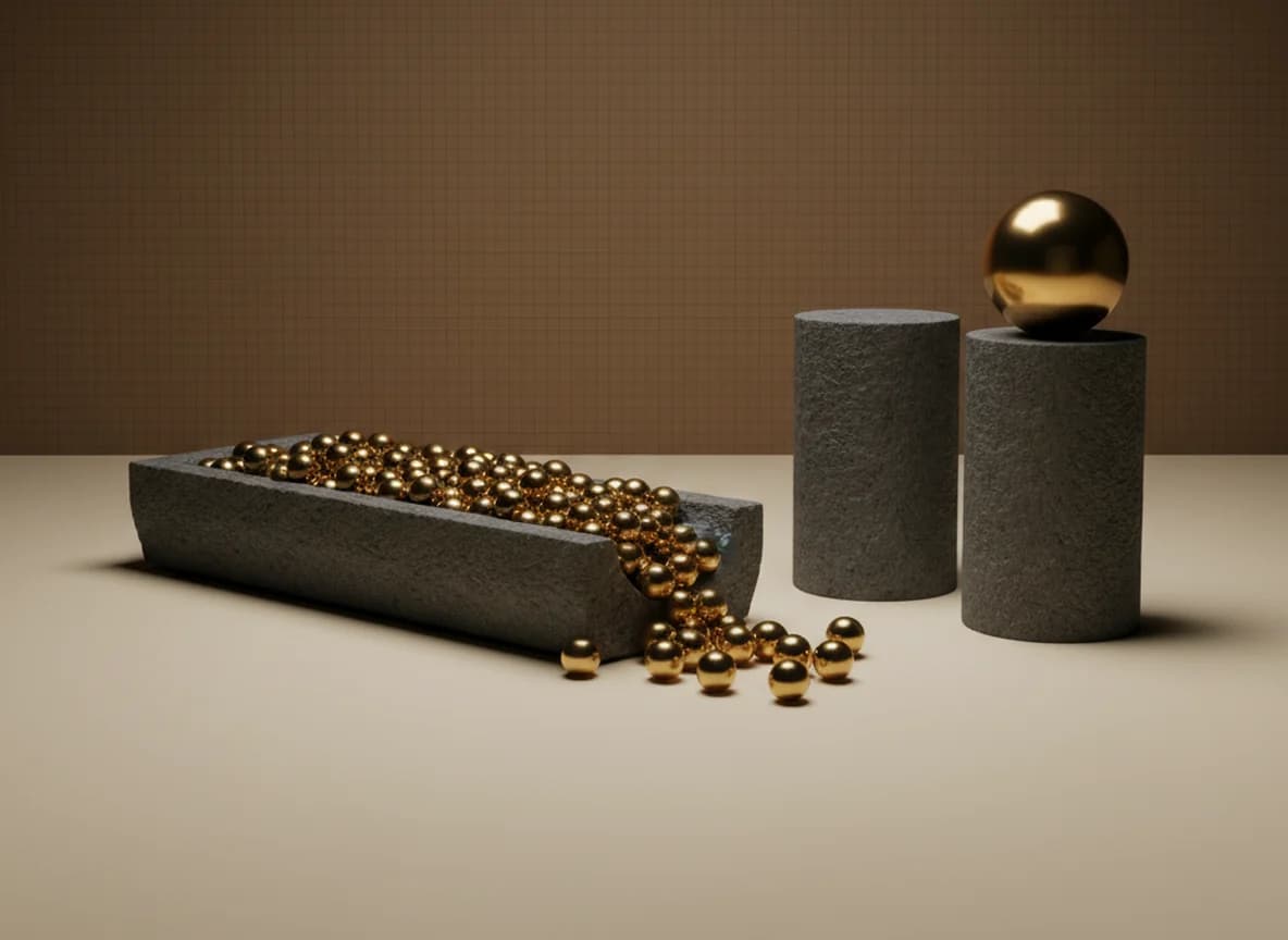A stone trough packed and spilling with small brass spheres beside two tall stone plinths, one carrying a large brass sphere and the other empty