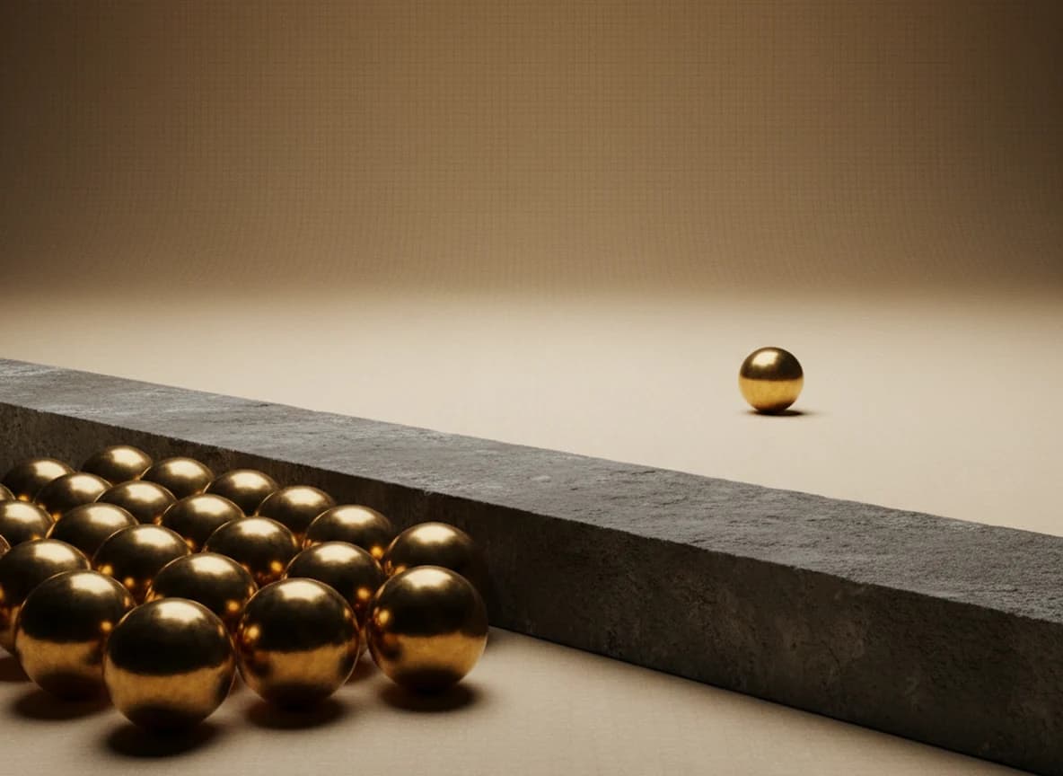 A crowd of brass spheres pressed against the near side of a low stone threshold, with one sphere resting alone on open floor well past it