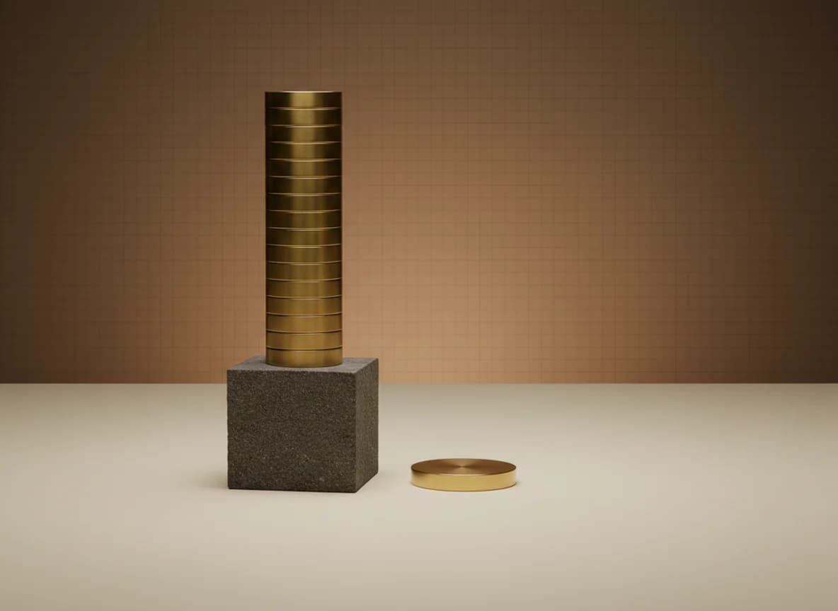 A tall column of thin brass discs stacked on a stone base, with one loose disc lying flat on the floor beside it