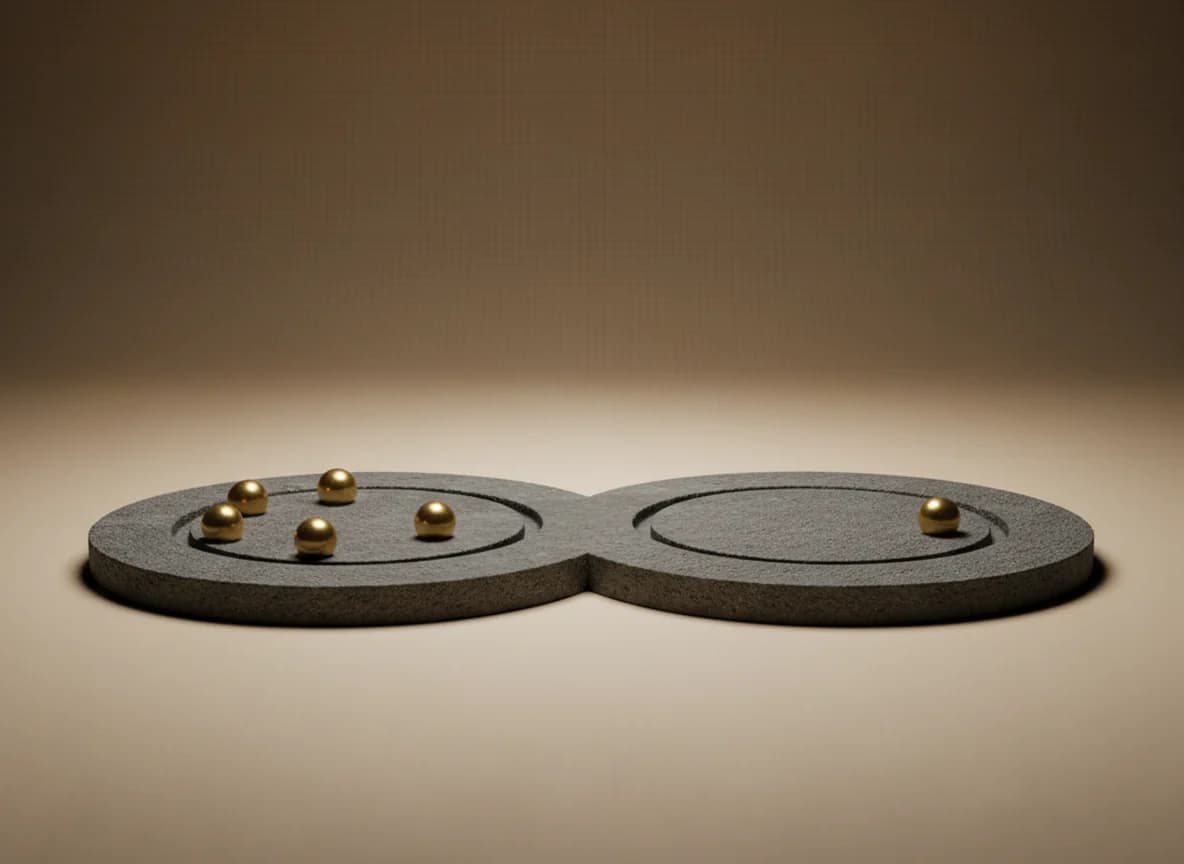 Two circular tracks in a stone slab, one carrying four evenly spaced brass spheres and the other carrying a single sphere