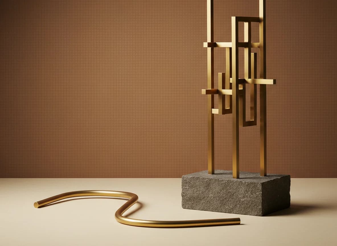 A stiff brass lattice of rods welded at right angles standing on a stone block, with a single smoothly curved brass rod running across the floor in front of it