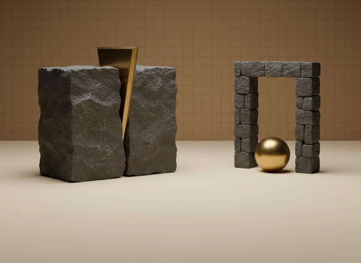 A brass wedge driven into a split stone block at the left, and a brass sphere waiting outside a small stone doorway at the right