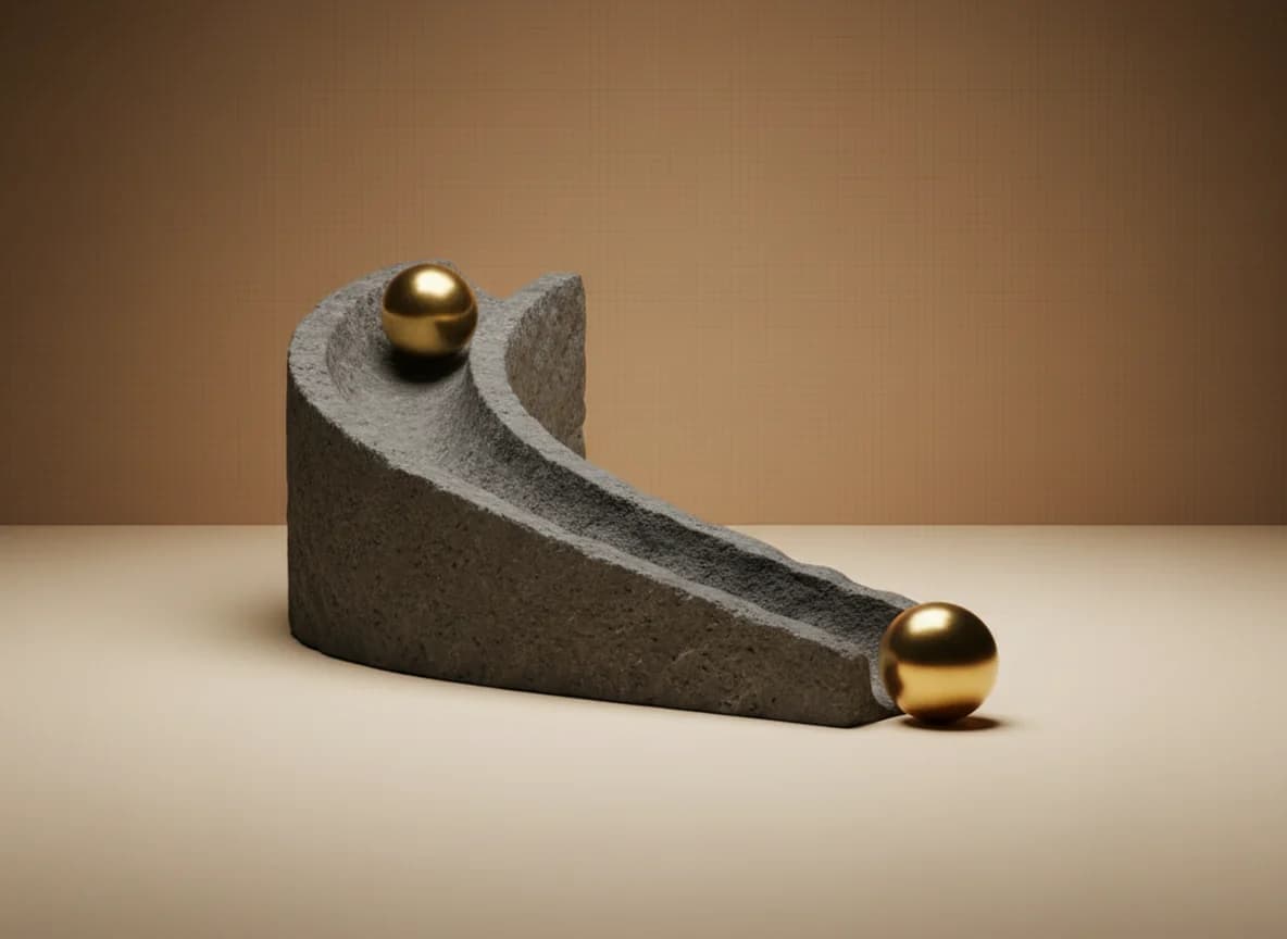 One brass sphere entering the top of a curved stone chute while another leaves the bottom, with the chute empty between them