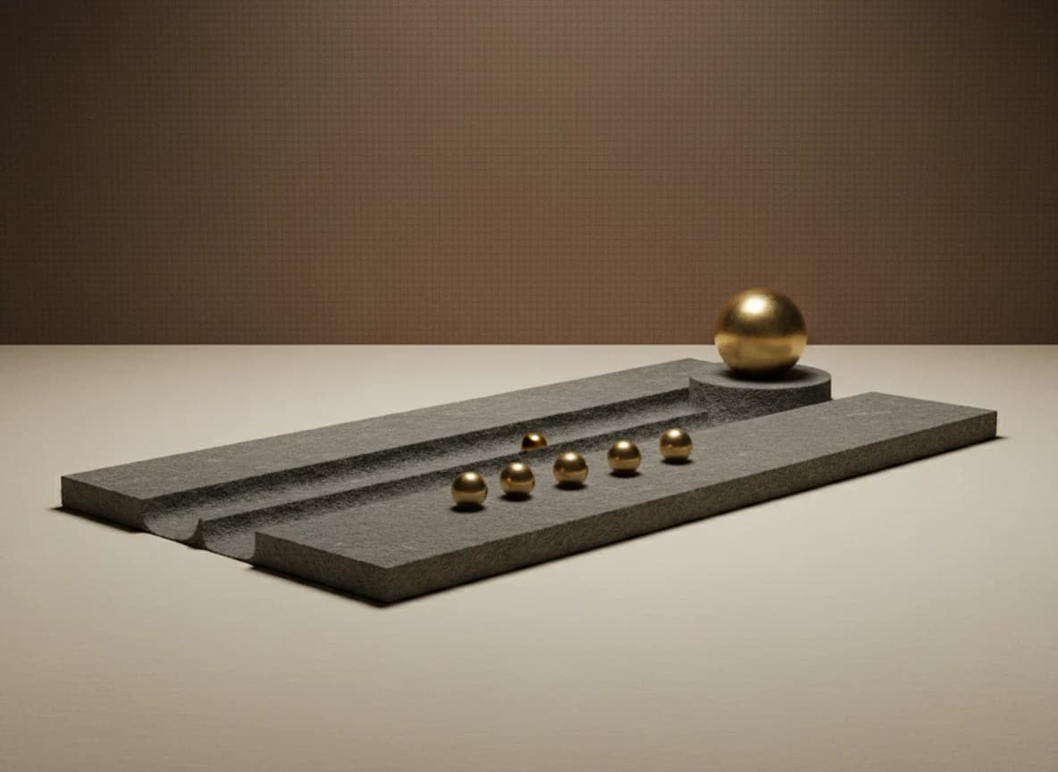 A forked channel in a stone slab, four small brass spheres continuing along the main branch and one larger sphere resting on a stone step at the end of the side branch
