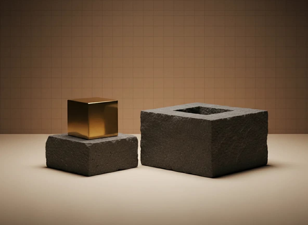 One finished brass cube on a small stone plinth beside a larger stone mould block whose cube-shaped hollow is still empty