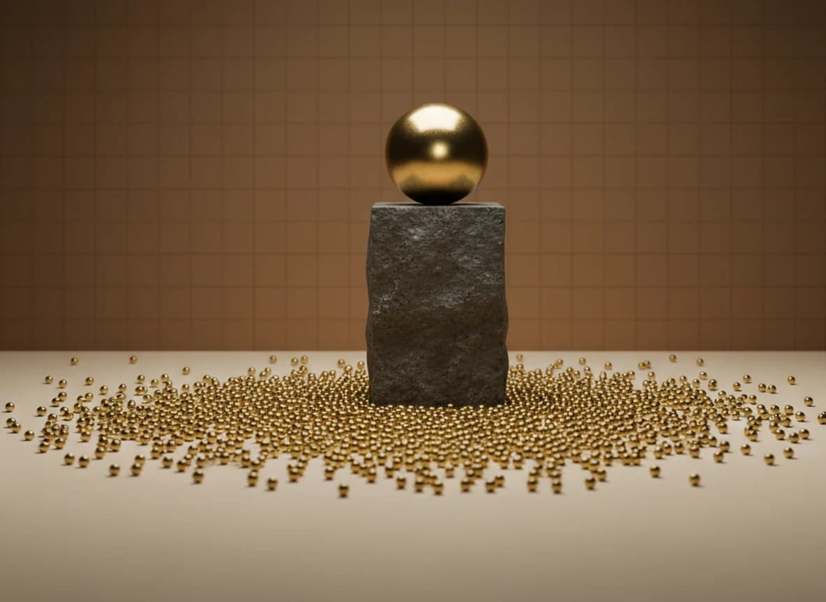 A single large brass sphere on a tall stone plinth standing above a wide spread of small brass beads on the floor