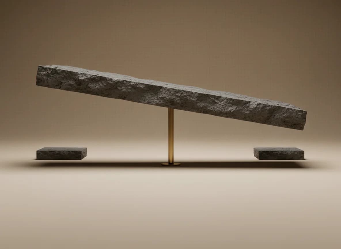 A long dark stone slab balanced on one slim brass column at its centre, both ends overhanging, with two empty stone bases standing nearby
