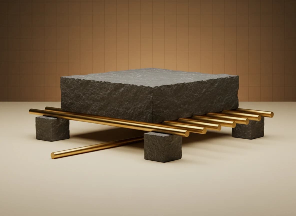A dark stone block carried across five brass rods between two supports, one rod missing from the middle and lying on the floor, the block still level