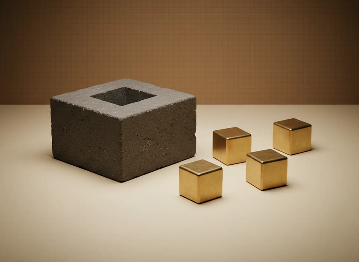 A stone mould block with a cube-shaped hollow cut into its top and four identical brass cubes standing loosely on the floor beside it